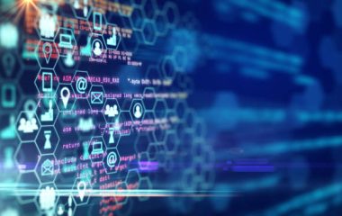 Creative digital blue business interface on blurry background. Innovation and science concept. 3D Rendering